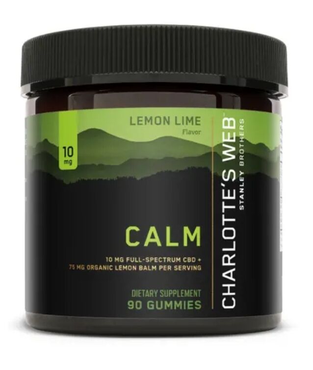 30-count jar of Charlotte’s Web CBD Calming Gummies with labeled front and calming, natural design.