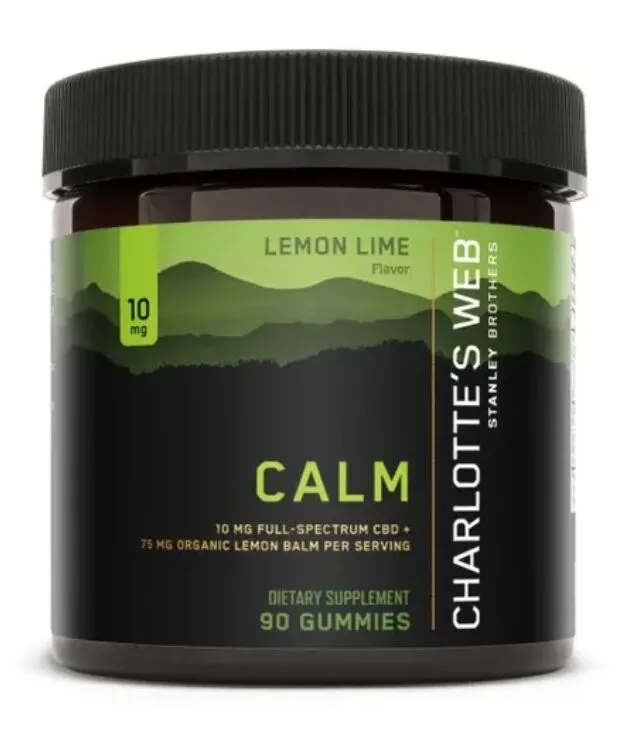 30-count jar of Charlotte’s Web CBD Calming Gummies with labeled front and calming, natural design.