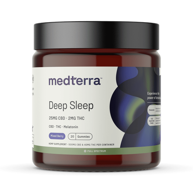 20-count jar of Medterra Deep Sleep Gummies with CBD, melatonin, and natural sleep-supporting ingredients for better rest.