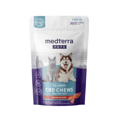 Bag of 20 Medterra Pet Hemp Calming Chews with CBD and natural calming ingredients for reducing pet anxiety.