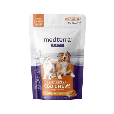 Bag of 30 Medterra Pet Hemp Joint Support Chews, with natural ingredients and CBD for supporting pet joint health.