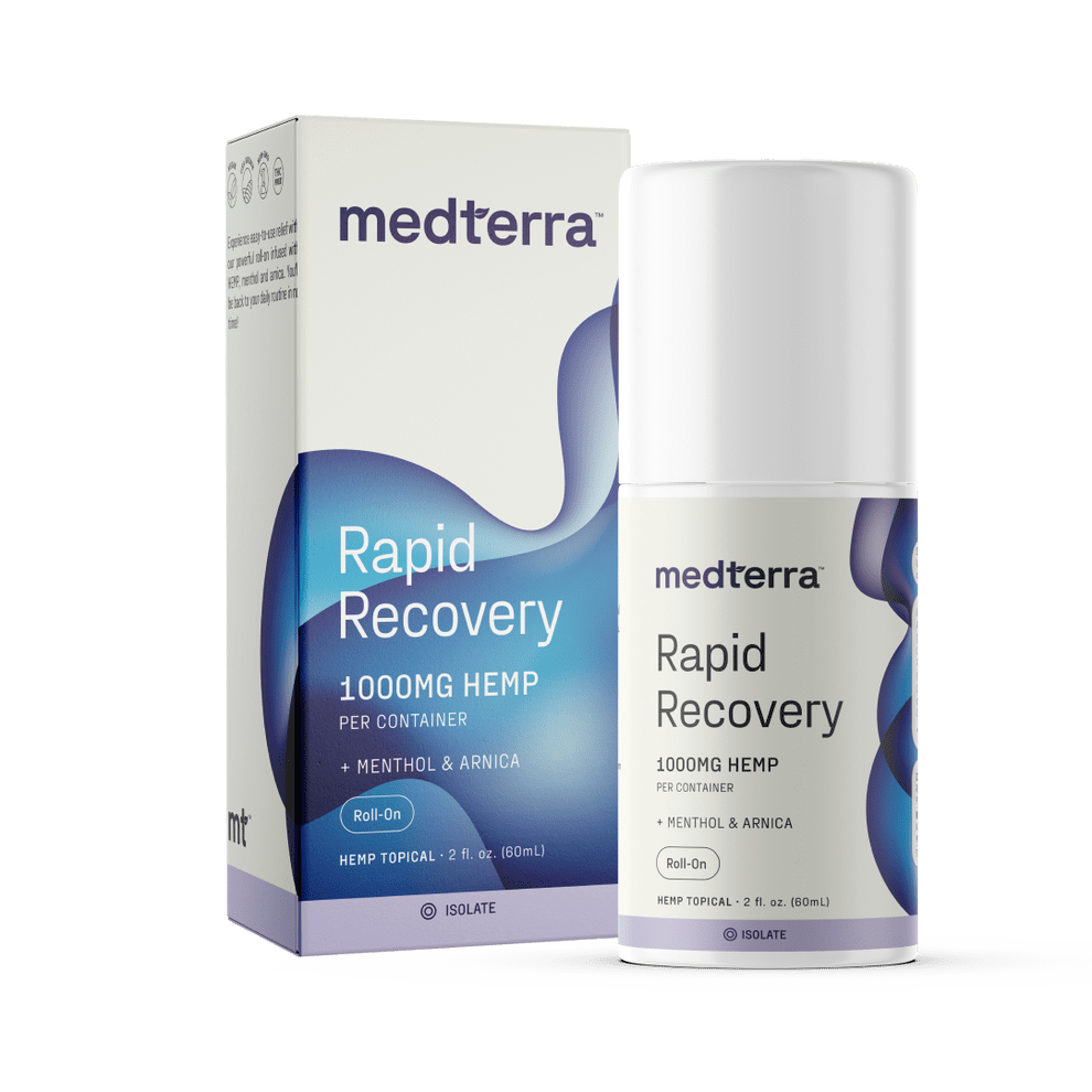 Medterra Rapid Recovery CBD Roll-On with 1000 mg of CBD in a convenient tube for targeted relief of sore muscles and joints.