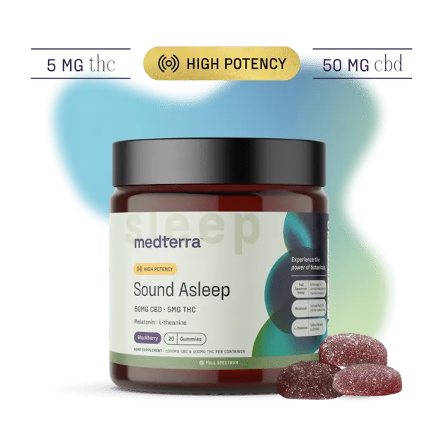 20-count jar of Medterra Sound Asleep gummies with CBD, melatonin, and natural calming ingredients for better sleep.