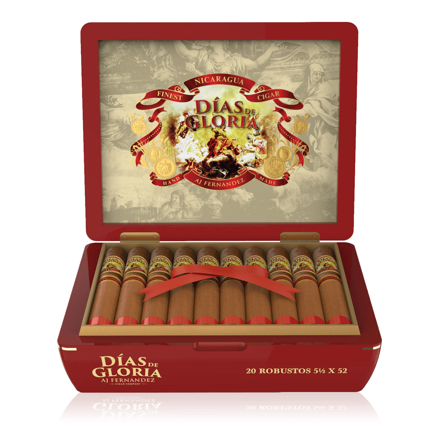 An open box of Dias de Glorias Habano cigars, showcasing their rich, smooth Habano wrappers and neatly arranged cigars, highlighting their full-bodied flavor profile with notes of spice, earth, and a touch of sweetnes