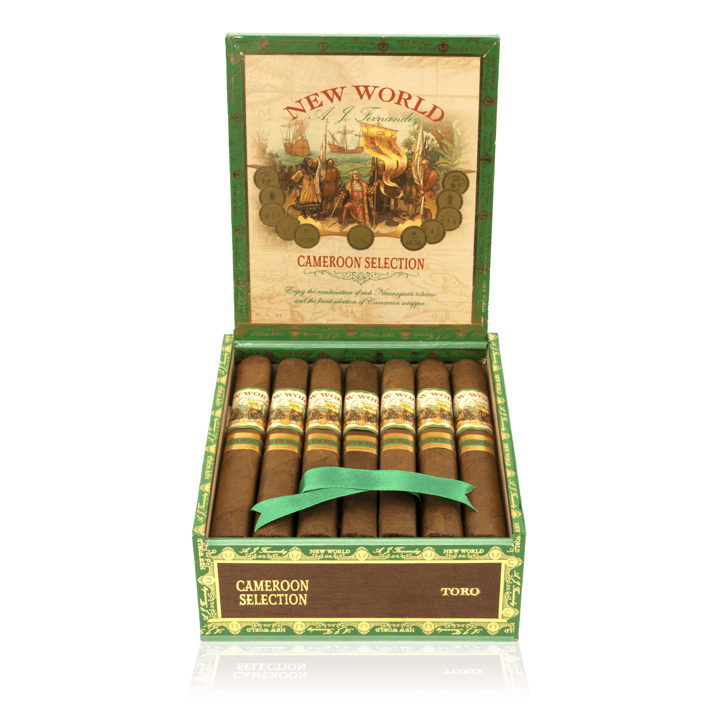 An open box of New World Cameroon cigars, showcasing their rich, reddish-brown wrappers and vibrant cigar bands