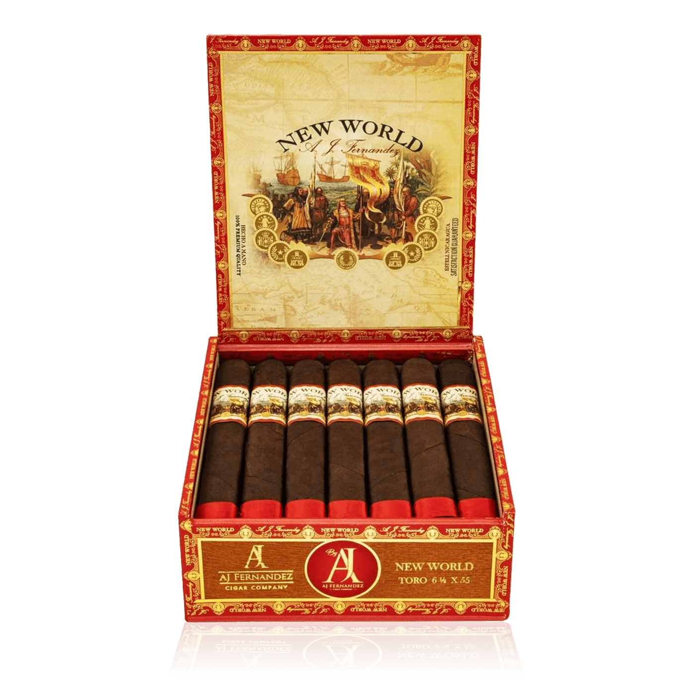 "An open box of New World Oscuro cigars, displaying dark, rich wrappers with detailed cigar bands