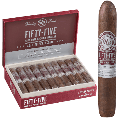 Open box of Rocky Patel Fifty-Five cigars, neatly arranged with dark Nicaraguan wrappers and bold red-and-gold bands.