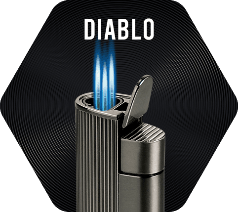Gunmetal Vector Diablo Lighter with three torch flames lit.