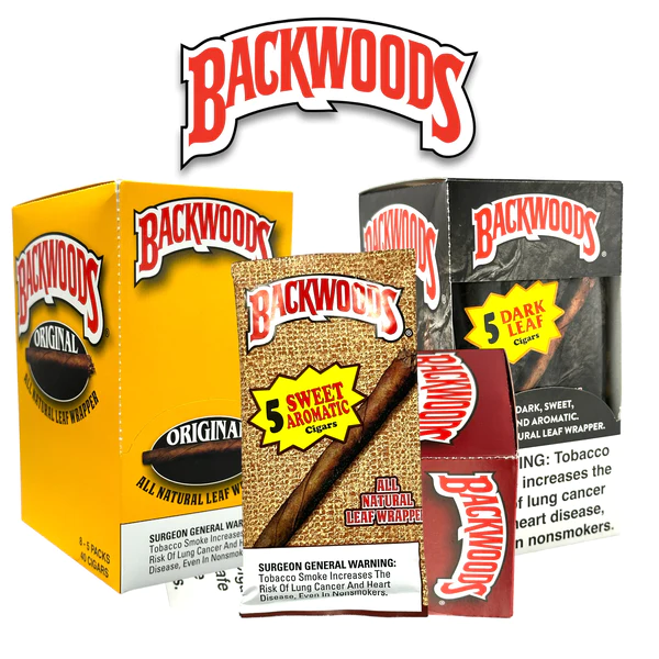 Three different sealed packs of Backwoods cigars with one additional sealed pack placed in front