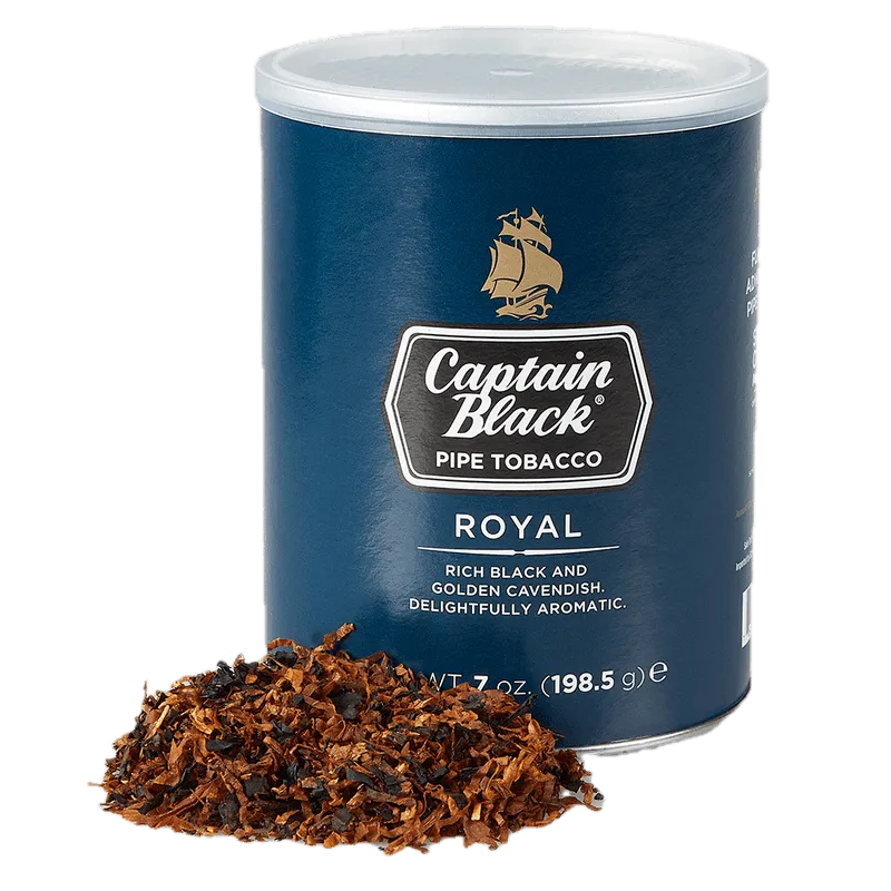 Can of Captain Black Royal pipe tobacco featuring elegant branding and a rich, aromatic blend.