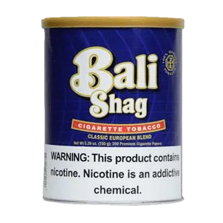 Can of Bali Shag roll-your-own tobacco featuring vibrant tropical-themed packaging.