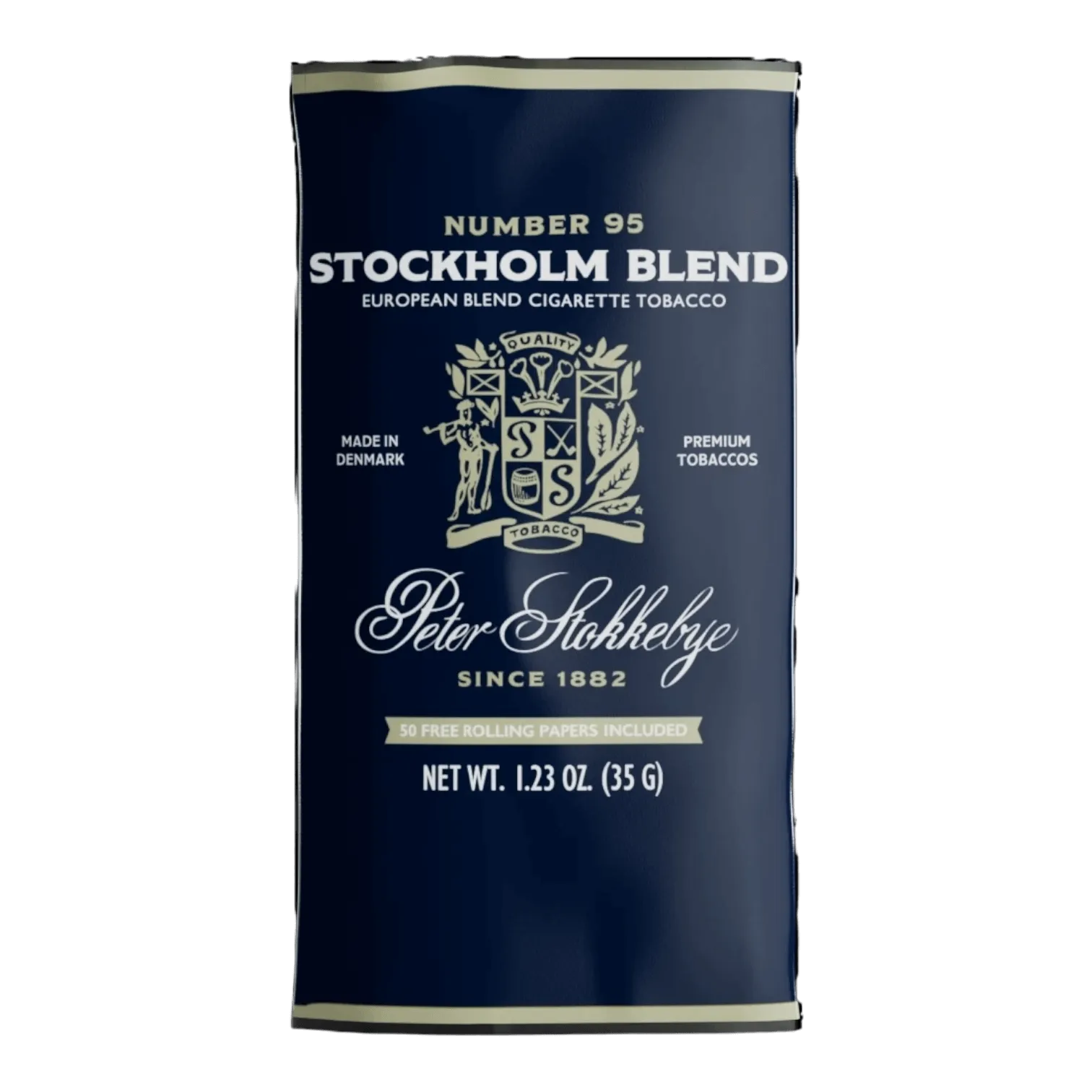 Front view of a 1.23 oz Peter Stokkebye Stockholm Blend tobacco pouch, featuring its signature packaging and brand logo highlighting the full-bodied blend of select Virginia and Dark Fired tobaccos.