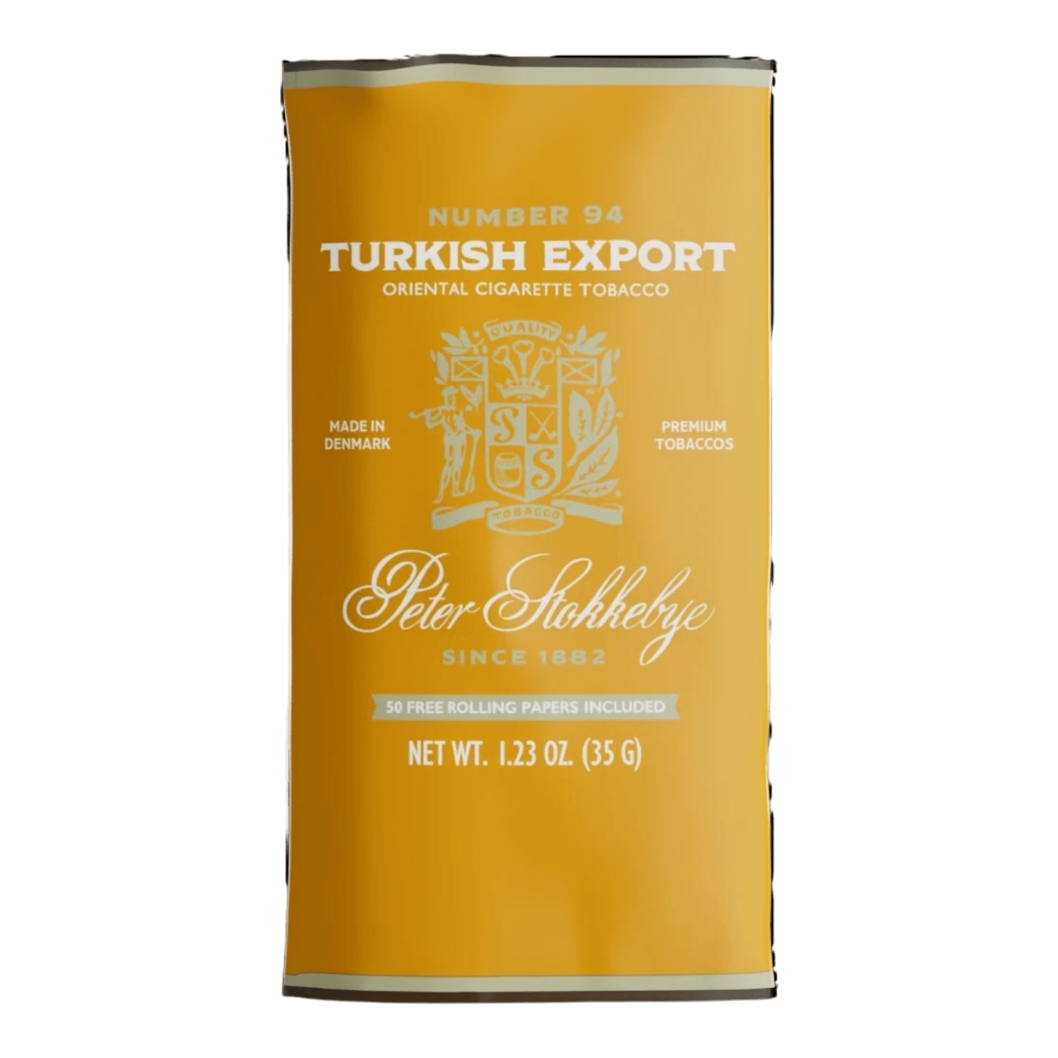 Front view of a 1.23 oz Peter Stokkebye No. 94 Turkish Export tobacco pouch, showcasing the classic packaging, brand logo, and text detailing the Turkish Samsun and Virginia blend.