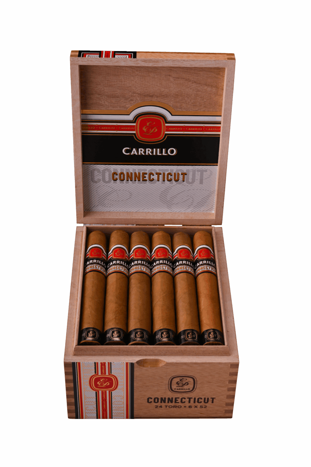 Open box of E.P. Carrillo Connecticut cigars with golden wrappers neatly arranged