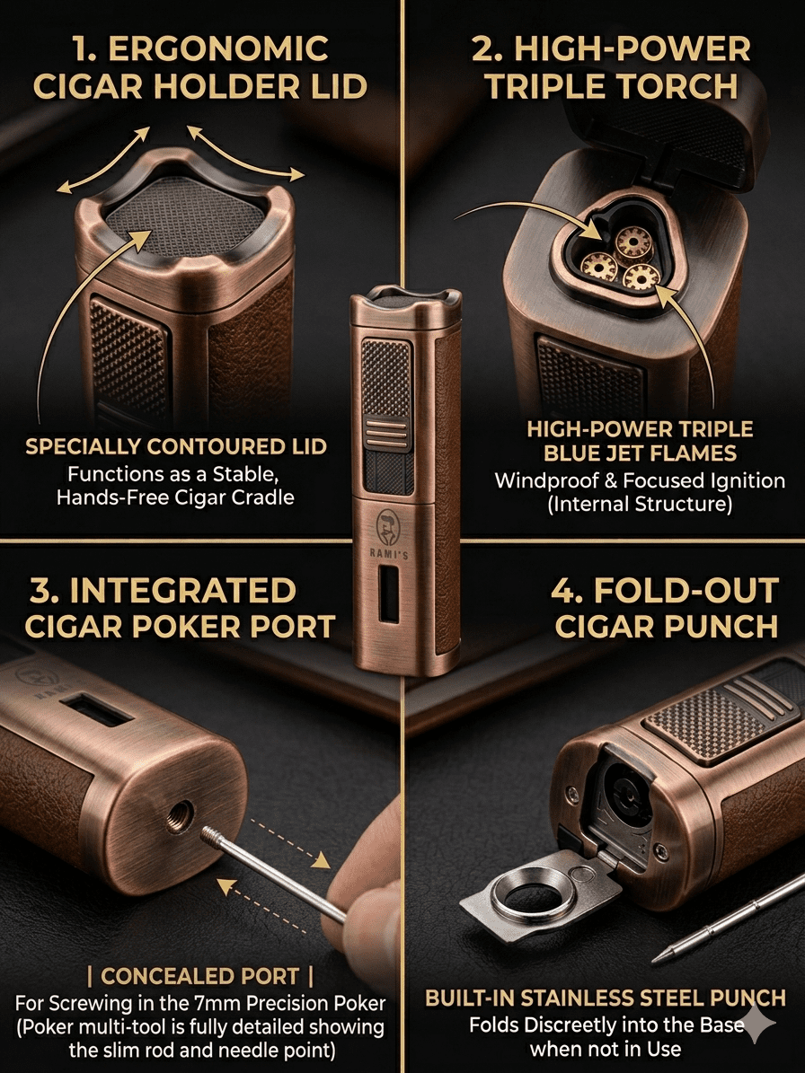 A technical breakdown of the Rami's Accessories signature lighter in bronze and leather, showcasing the ergonomic cigar holder lid, triple torch flame, integrated poker port, and fold-out punch.