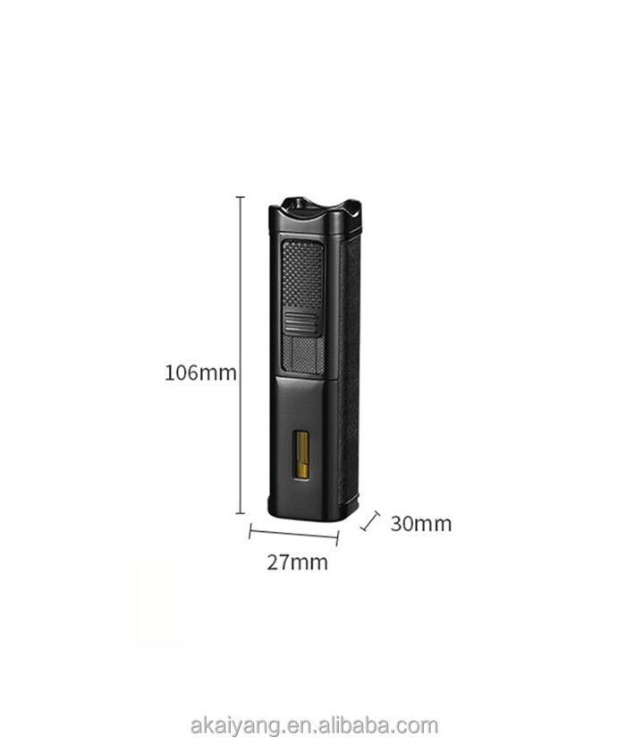 A product specification diagram for a matte black executive lighter showing its height at 106mm, width at 27mm, and depth at 30mm.