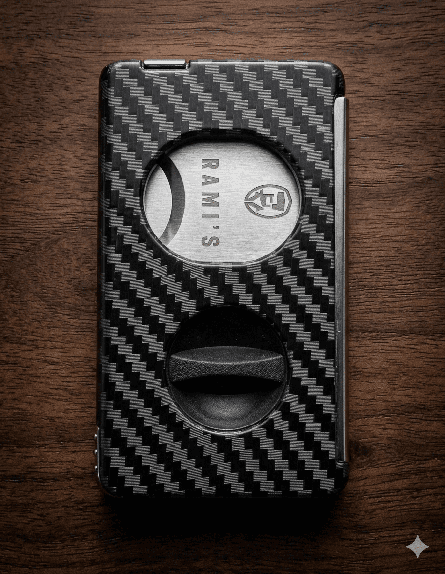 Front view of Rami's Carbon Elite Cutter featuring a luxury carbon fiber finish, precision guillotine cutter, V-cutter control, and integrated draw poker.