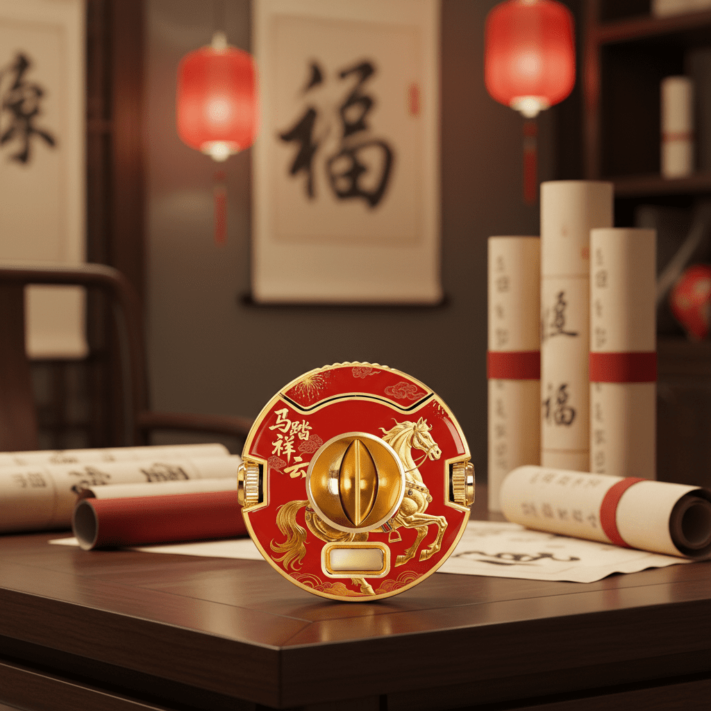 The Sovereign Horse limited edition cigar cutter by Rami displayed on a dark wooden desk with traditional Chinese scrolls and red lanterns in the background."