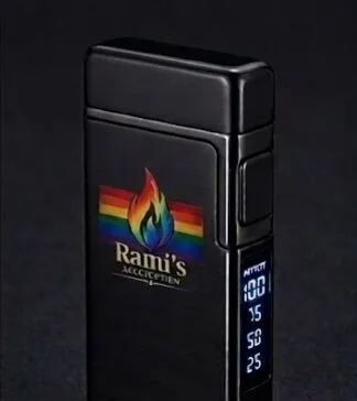Sleek black Rami's Prizm Black Pride Edition lighter featuring a clear digital battery status display.