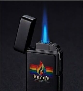 The black Rami's Prizm Black Pride Edition lighter with its lid open, showcasing an ignited blue torch flame.