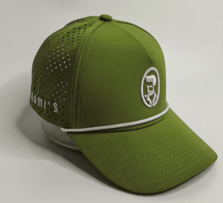 A studio product shot of an olive drab Rami's Apex Performance Cap, featuring a white rope trim on the brim, laser-perforated side panels for breathability, and the signature "Rami's" circular logo embroidered in white on the front.