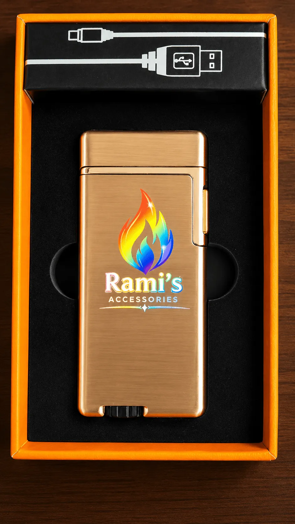 Rami's Prizm dual-flame lighter from the Pride Collection displayed in its premium gift box with an included USB charger.