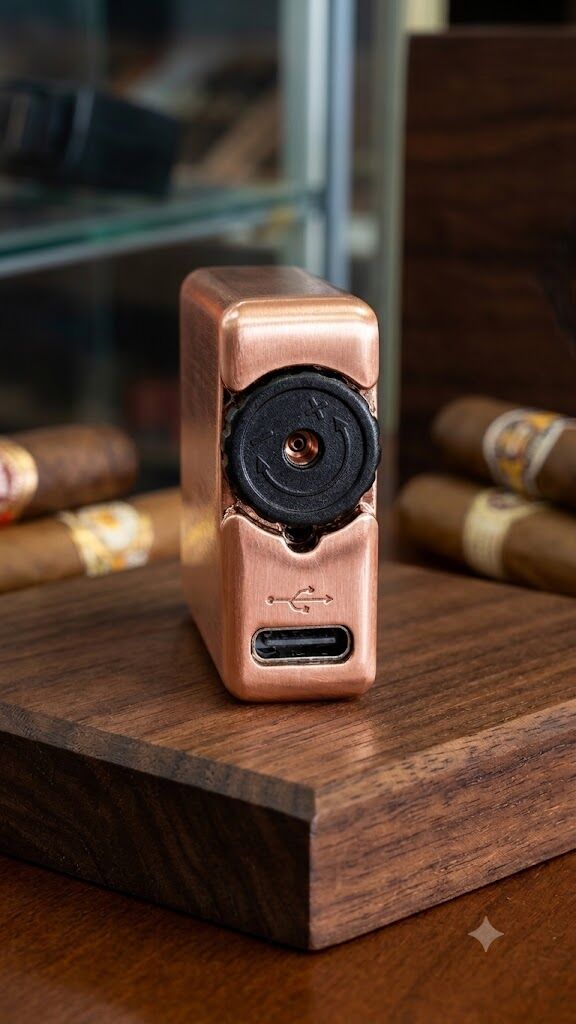 Bottom view of the rose gold Rami's Prizm dual-flame lighter, showcasing the adjustable butane filling valve and USB-C charging port.