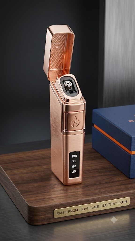 Rose gold Rami's Prizm dual-flame lighter featuring a clear battery status indicator display, presented on a wooden stand.