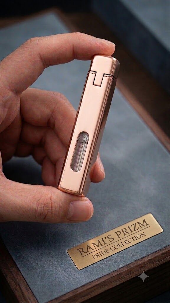 Close-up of the rose gold Rami's Prizm dual-flame lighter from the Pride Collection, highlighting its integrated fluid-level window.