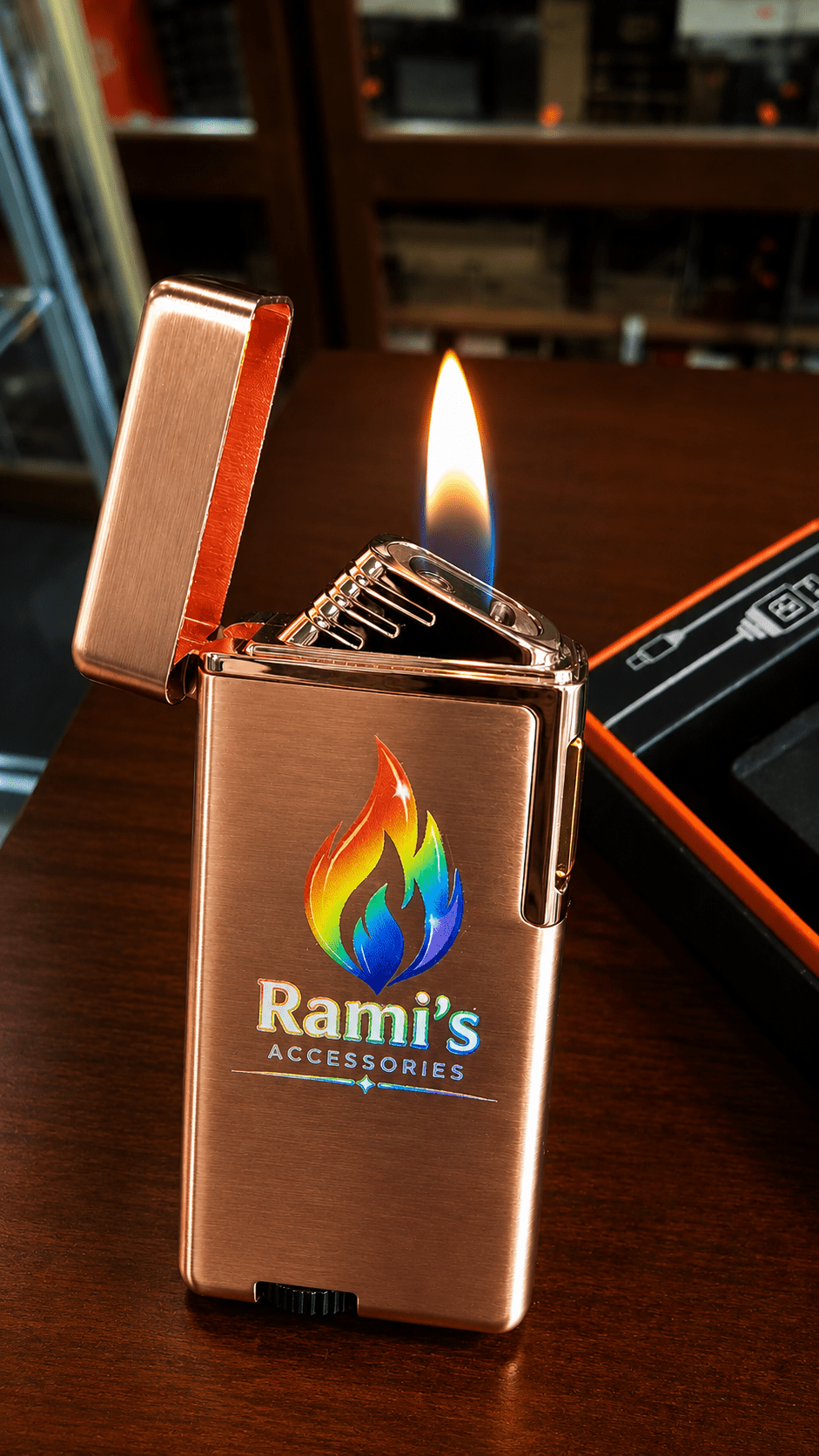 A close-up view of the rose gold-brushed Rami's Prizm voice and tap-activated lighter in use, with its open lid, showing the ignited dual blue and yellow-orange soft flame.
