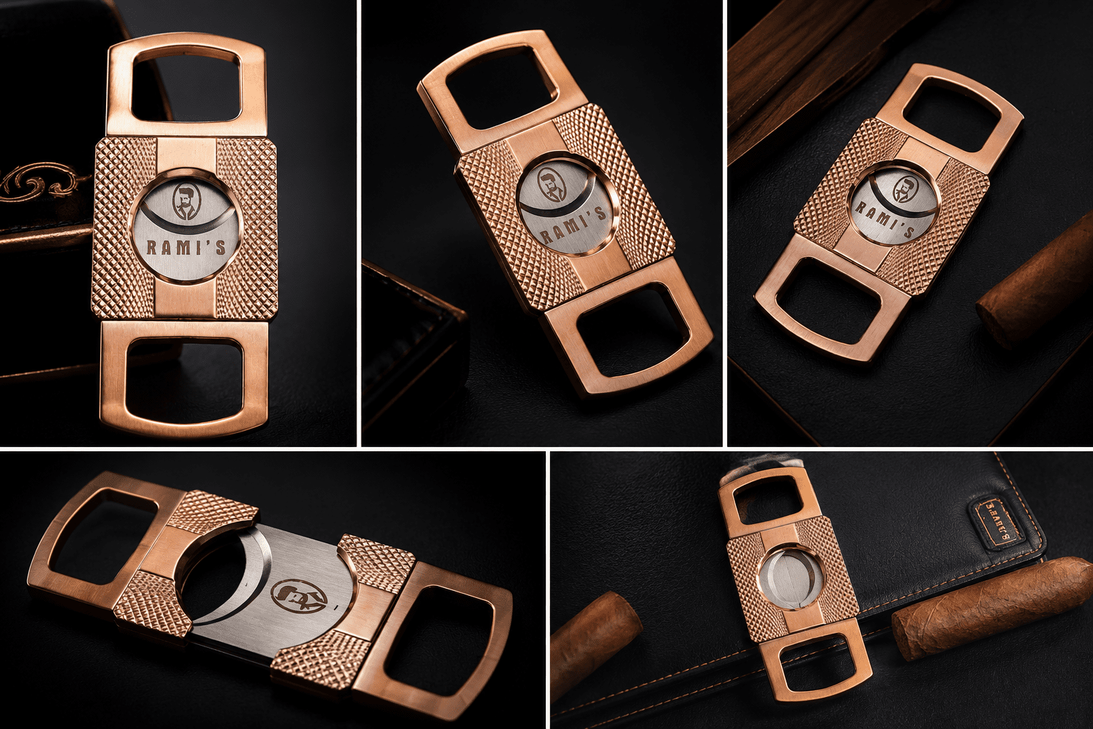 Rami’s rose gold double guillotine cigar cutter displayed in multiple luxury product angles, showcasing precision stainless-steel blades and textured grip detailing.