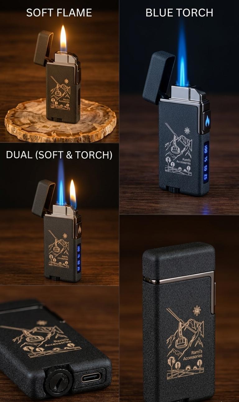 Rami's Tramway Summit dual flame lighter showing soft flame, blue torch, dual flame mode, battery display, and USB-C charging.