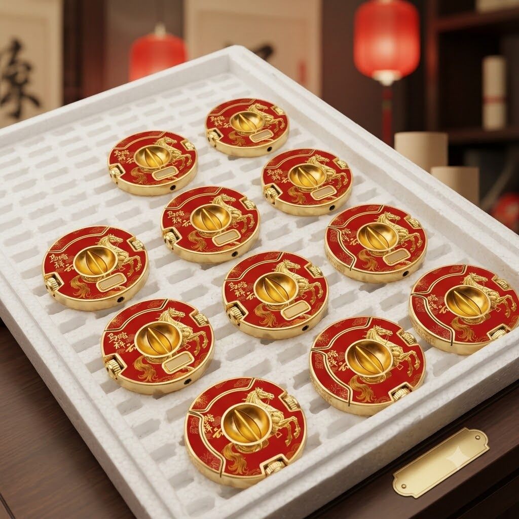 An overhead close-up view of eleven identical circular, gold and red 'Sovereign Horse' cigar cutters, featuring a prancing horse design and Chinese calligraphy, precisely arranged in a pristine white foam shipping grid. The cutters are unnumbered."