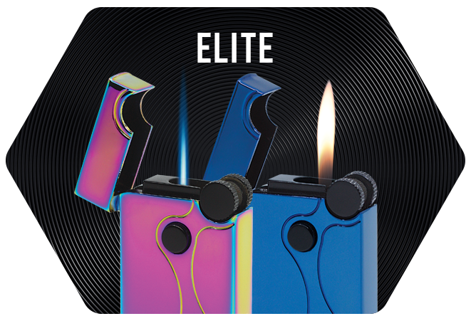 Two Vector Elite Dual Flame Lighters—blue with soft flame lit and pink with torch flame lit.
