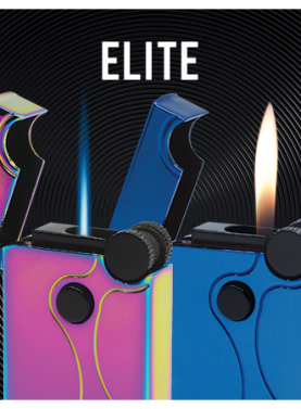 Two Vector Elite Dual Flame Lighters—blue with soft flame lit and pink with torch flame lit.