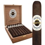 "Open box of Ashton Aged Maduro cigars showcasing dark, rich Connecticut Broadleaf-wrapped cigars with a deep brown hue, neatly arranged in a cedar-lined interior."