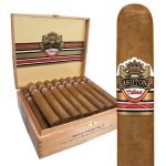 Ashton Cabinet Selection cigar featuring a smooth, golden Connecticut Shade wrapper with a classic white and gold band, resting elegantly on a wooden surface."