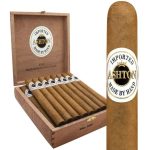 "An open box of Ashton Classic cigars showcasing neatly arranged, light golden cigars with white and gold bands, set in a cedar-lined wooden box."