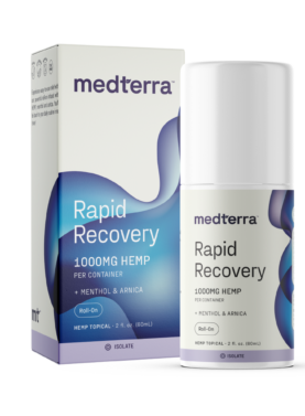 Medterra Rapid Recovery CBD Roll-On with 1000 mg of CBD in a convenient tube for targeted relief of sore muscles and joints.
