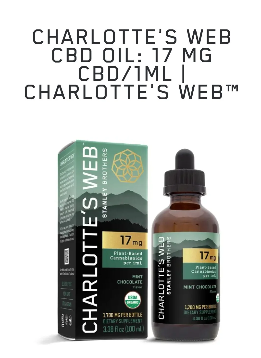 Charlotte’s Web 17MG CBD Oil bottle with branded packaging in the background, highlighting everyday wellness support.