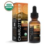 Charlotte’s Web 60MG CBD Oil bottle standing upright, showcasing label and amber glass design.
