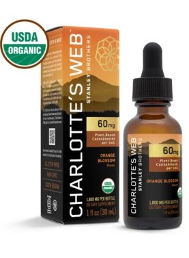 Charlotte’s Web 60MG CBD Oil bottle standing upright, showcasing label and amber glass design.