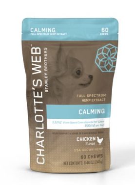 Charlotte's Web Calming Chews for Dogs 30-count bag with calming formula and natural ingredients.