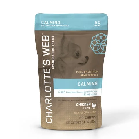 Charlotte's Web Calming Chews for Dogs 30-count bag with calming formula and natural ingredients.