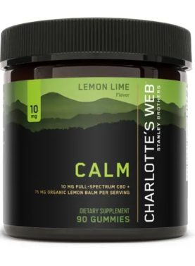 30-count jar of Charlotte’s Web CBD Calming Gummies with labeled front and calming, natural design.