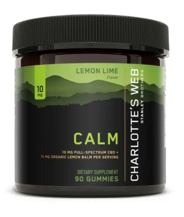 30-count jar of Charlotte’s Web CBD Calming Gummies with labeled front and calming, natural design.
