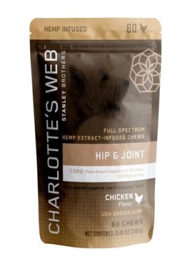 Charlotte's Web Hip & Joint Chews for Dogs 30-count bag with natural ingredients for joint health and mobility support.