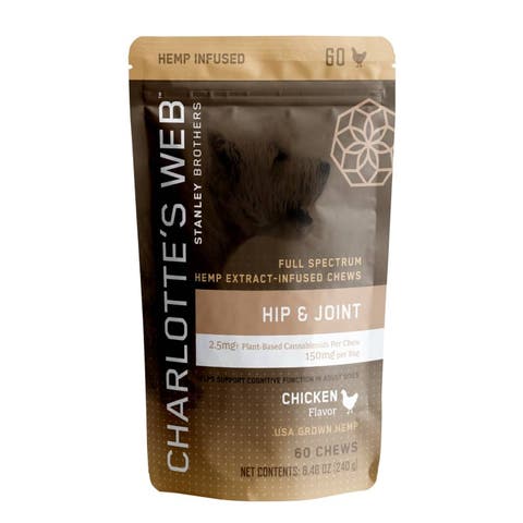 Charlotte's Web Hip & Joint Chews for Dogs 30-count bag with natural ingredients for joint health and mobility support.