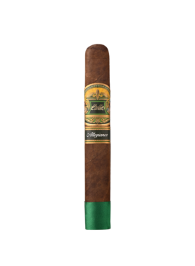 A single E.P. Carrillo Allegiance cigar featuring a dark, smooth wrapper and a sleek band with bold branding, showcasing its premium construction and full-bodied appeal