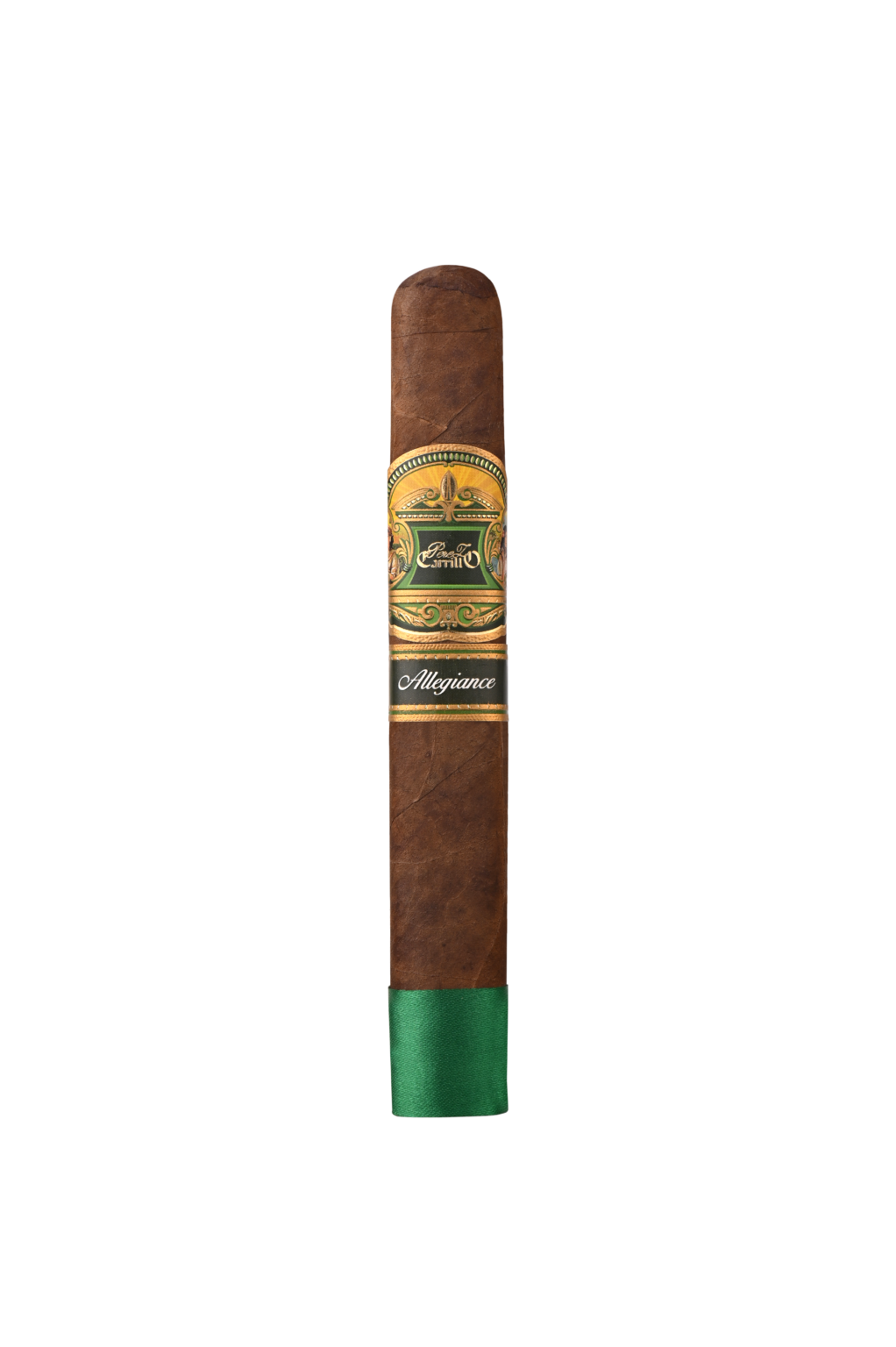 A single E.P. Carrillo Allegiance cigar featuring a dark, smooth wrapper and a sleek band with bold branding, showcasing its premium construction and full-bodied appeal
